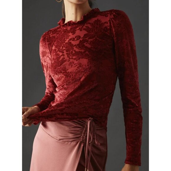 By Anthropologie Tops - By Anthropologie Velvet Burnout Top S Lace Up Back Ruffle Mock Neck Damask Pink